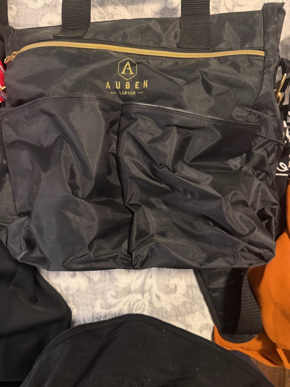 Black Nylon Tote Bag with Gold Accent